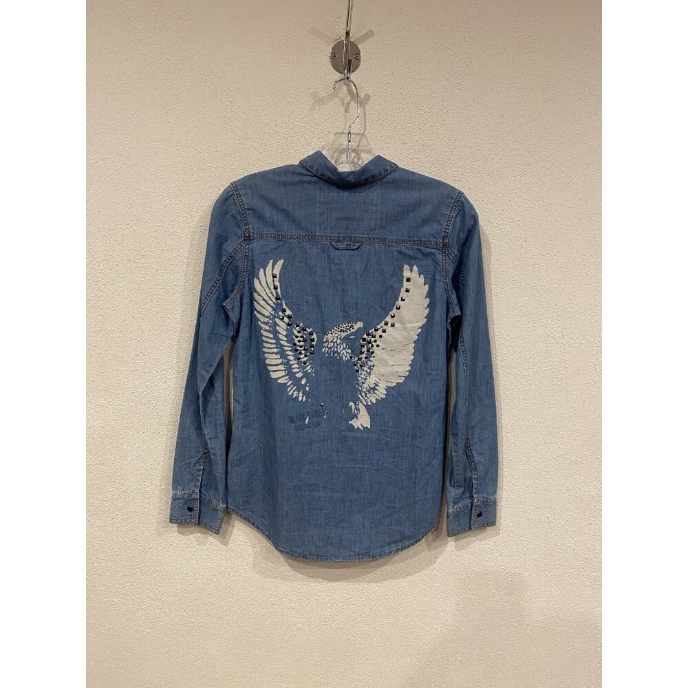 Harley-Davidson Blue Denim Button-Up Shirt with White Eagle Graphic